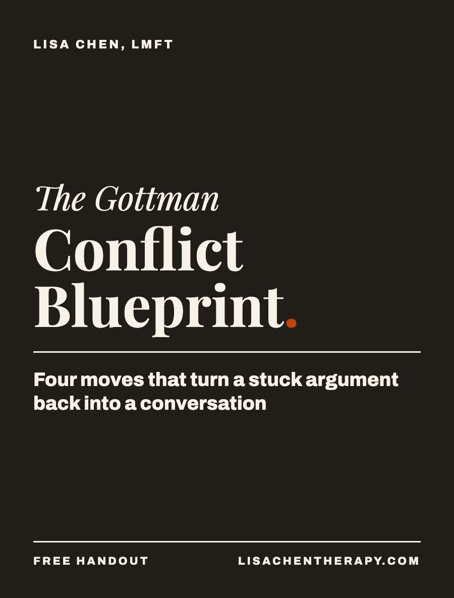 Book cover for 'The Gottman Conflict Blueprint' by Lisa Chen, LMFT, with subtitle 'Four moves that turn a stuck argument back into a conversation' and website link lisachentherapy.com.