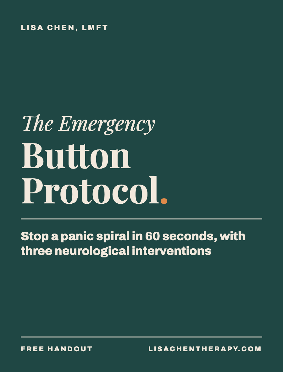Cover of a guide titled 'The Emergency Button Protocol' by Lisa Chen with subtitle 'Stop a panic spiral in 60 seconds, with three neurological interventions.'
