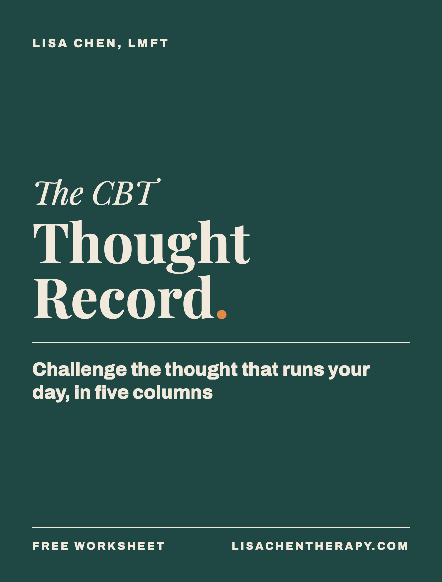 Cover page of a workbook titled "The CBT Thought Record" by Lisa Chen, LMFT. The subtitle encourages challenging thoughts that run your day in five columns. The bottom notes indicate it is a free worksheet from lisachtherapy.com.