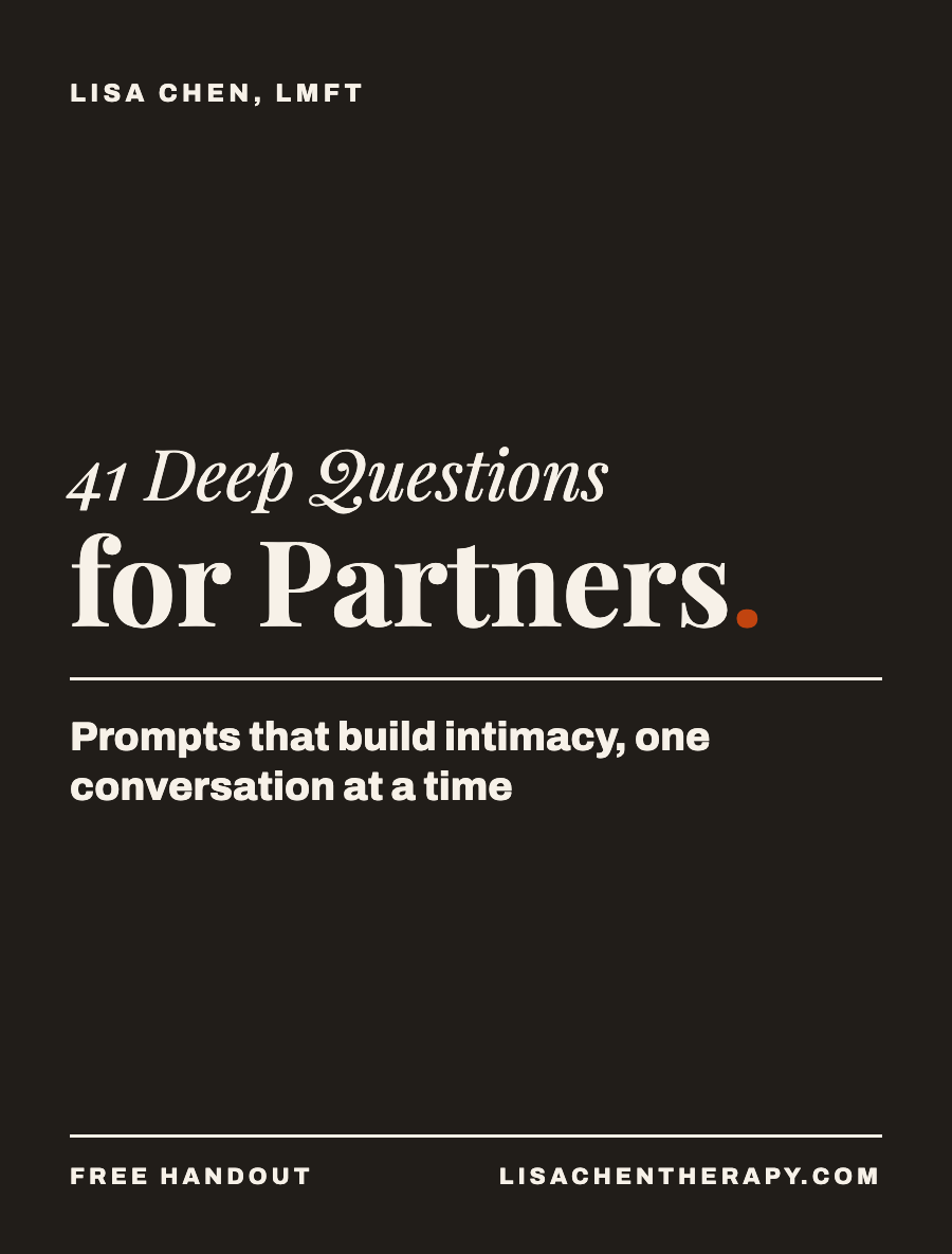 Cover page of a booklet titled '41 Deep Questions for Partners' with subtitle 'Prompts that build intimacy, one conversation at a time,' by Lisa Chen, LMFT, with website lisachentherapy.com and mention of free handout.