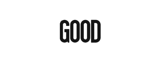 The word 'GOOD' in large, black text on a black background.