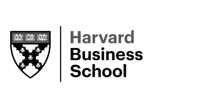 Harvard Business School logo with shield and text 'Harvard Business School'.