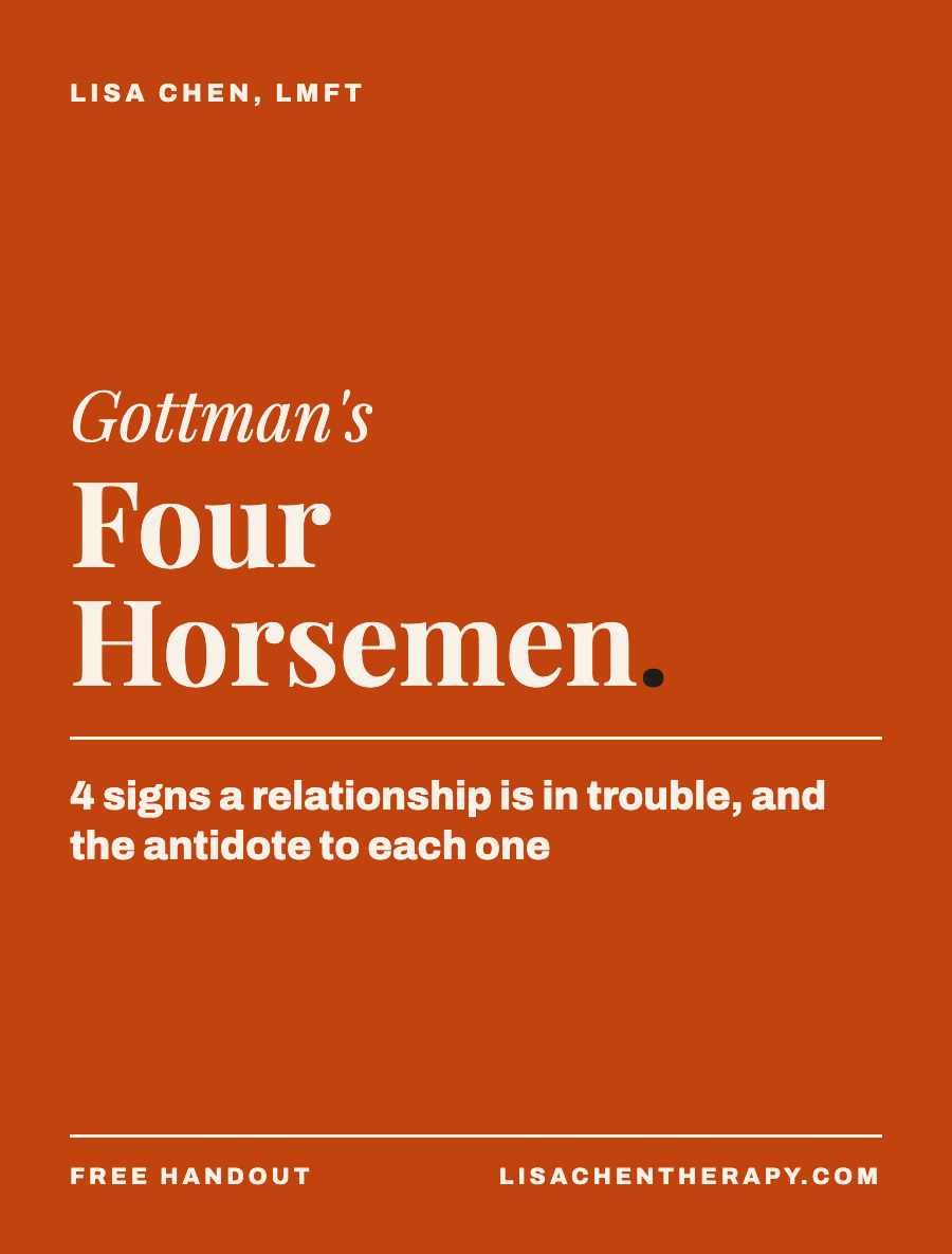 Book cover titled 'Gottman's Four Horsemen' by Lisa Chen, LMFT, with a subtitle about relationship trouble signs and their opposites, on a rust-colored background.