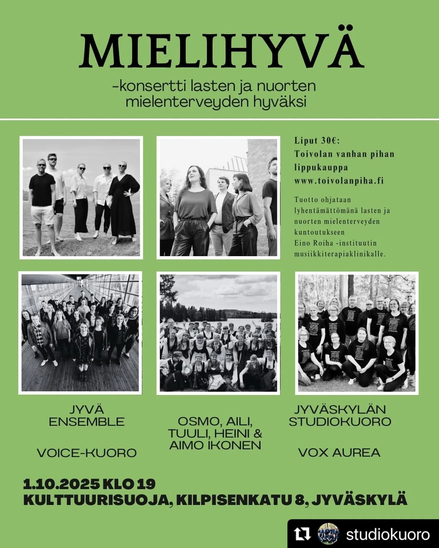 Jyväskylä! Ke 1.10.2025 is a chance to experience a unique concert experience (including the first performance of Ikoset!!! 🎉) and do good at the same time. Read more below about the MIELIHYVÄ-con