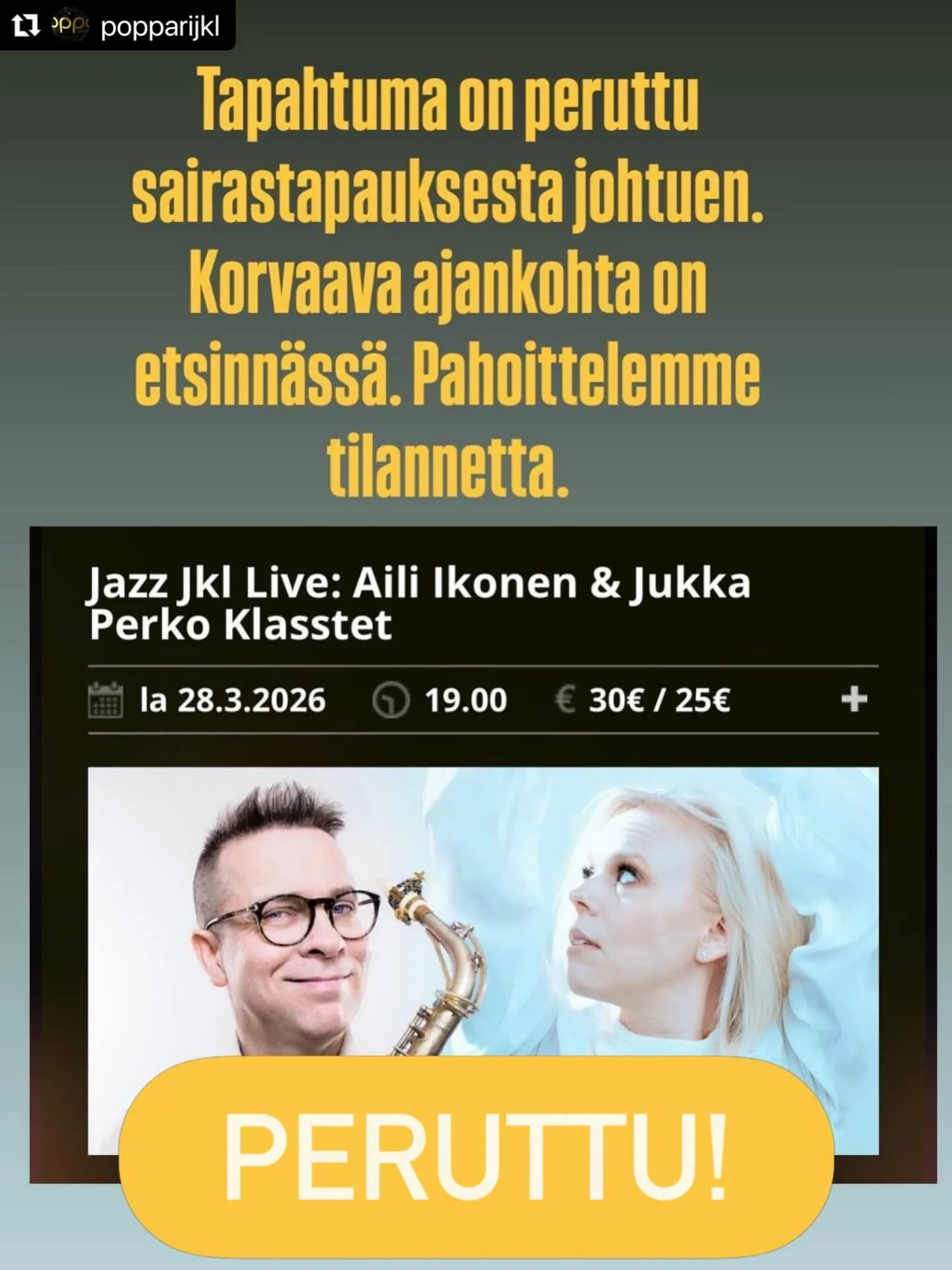 Klasstet-konsertit Jyv&auml;skyl&auml;n Popparissa t&auml;n&auml;&auml;n la 28.3. ja Keuruun Kimarassa huomenna su 29.3. on peruttu sairastapauksen vuoksi. Uusia ajankohtia keikoille etsit&auml;&auml;n parhaillaan. T&auml;m&auml; on tosi harmillista,