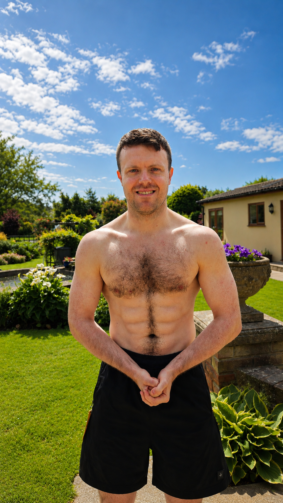 A shirtless young man with dark hair and a slight smile stands outdoors in a garden on a sunny day, with a house, green lawn, and trees in the background under a bright blue sky with scattered clouds.