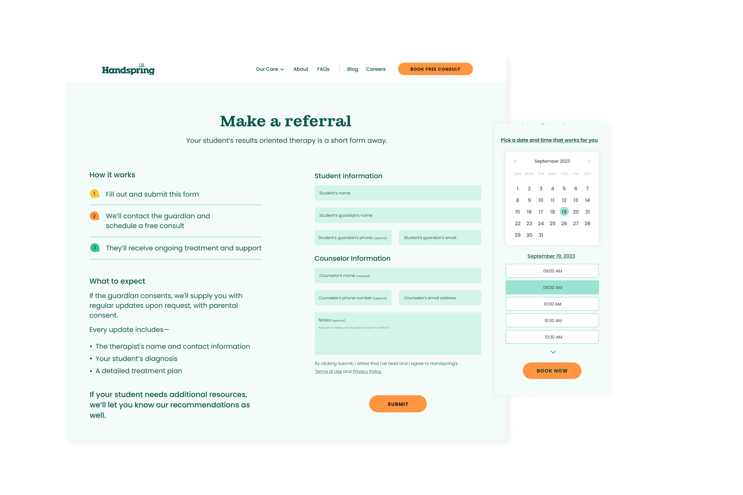 Booking form to schedule a referral call.