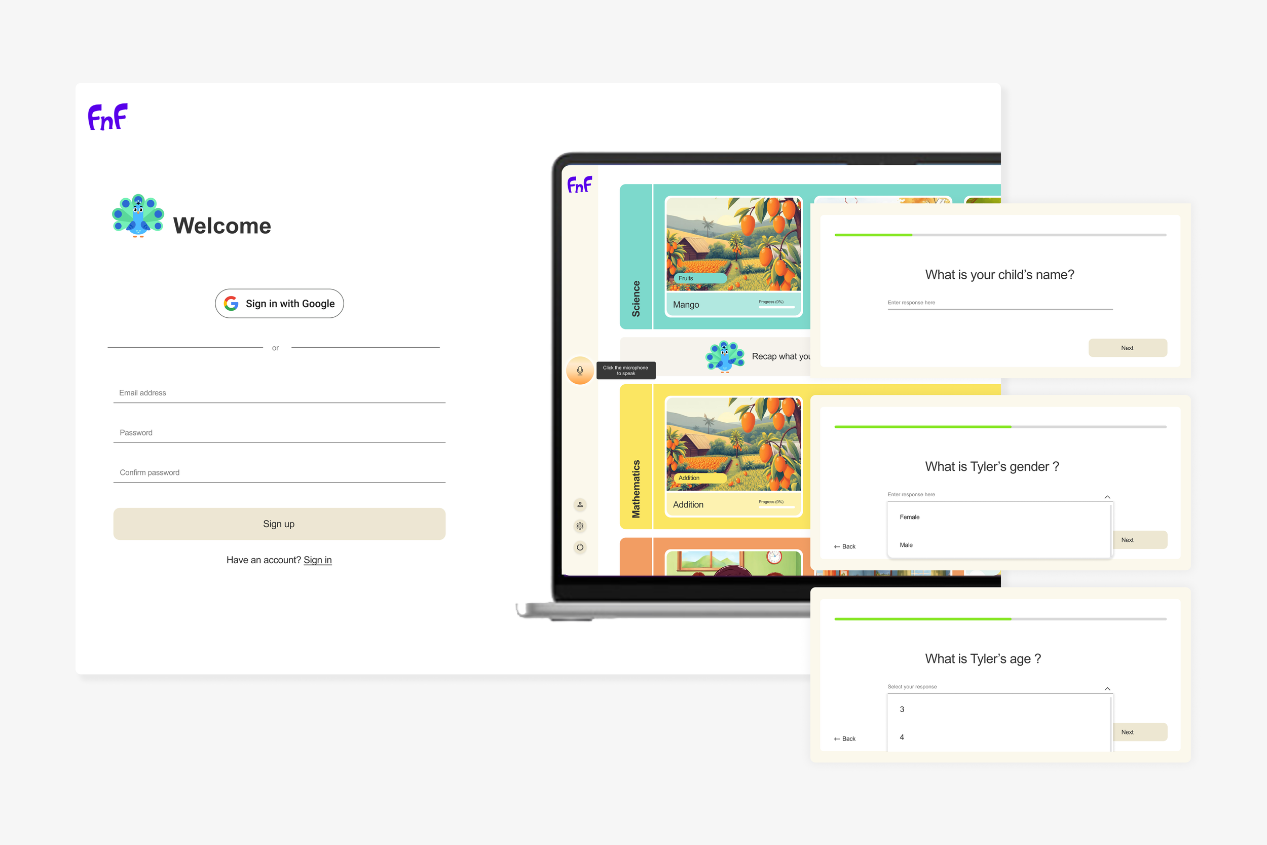 Parent onboarding, user creates a child profile before first use.