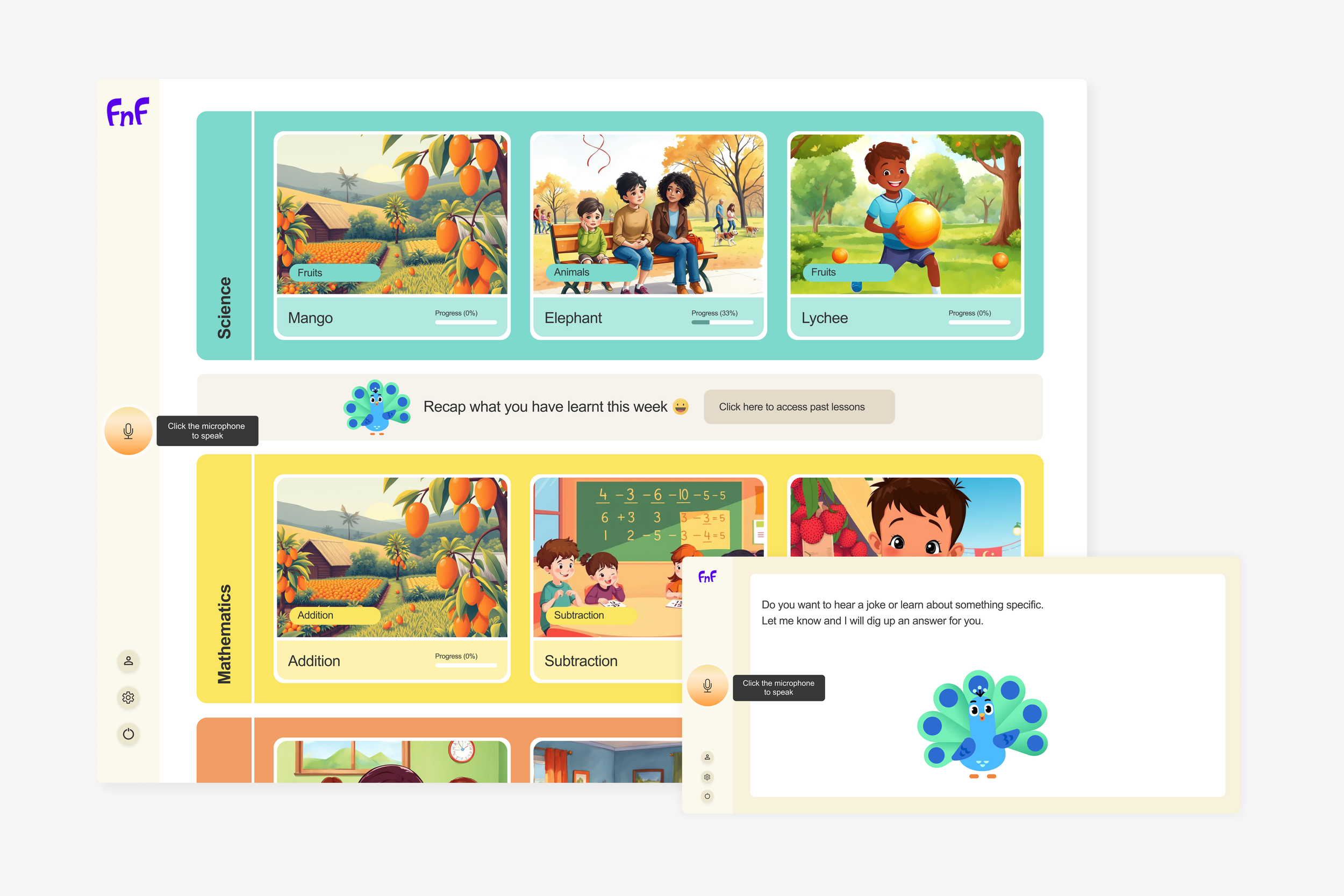 The home screen uses a card-based interface with each card representing a new subject; each card displays the learner's progress and includes quick “recap” nudges.
