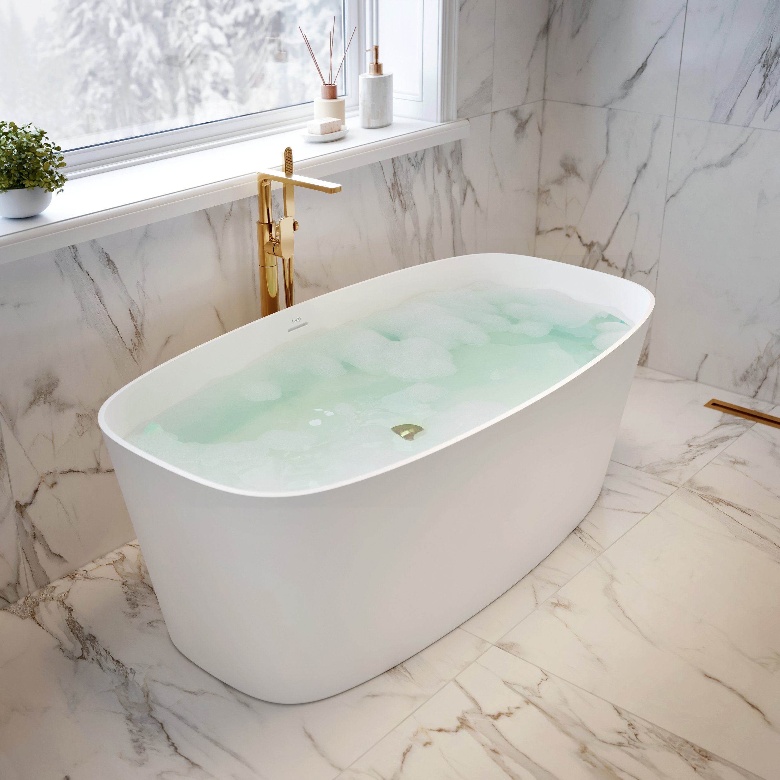 White marble bathroom with Avaline bathtub
