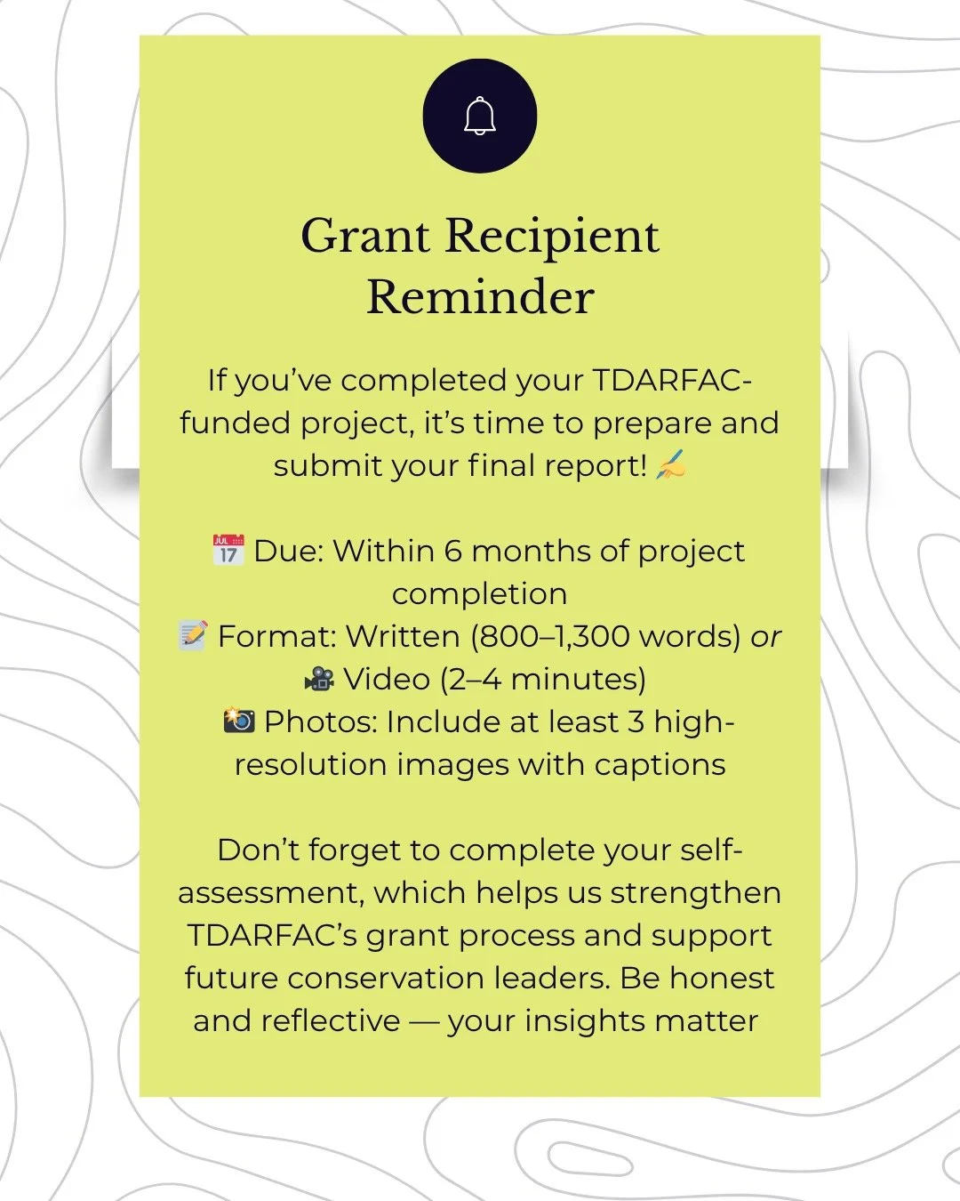 If you&rsquo;ve completed your TDARFAC-funded project, it&rsquo;s time to prepare and submit your final report! ✍️

📅 Due: Within 6 months of project completion
📝 Format: Written (800&ndash;1,300 words) or 🎥 Video (2&ndash;4 minutes) &mdash; video