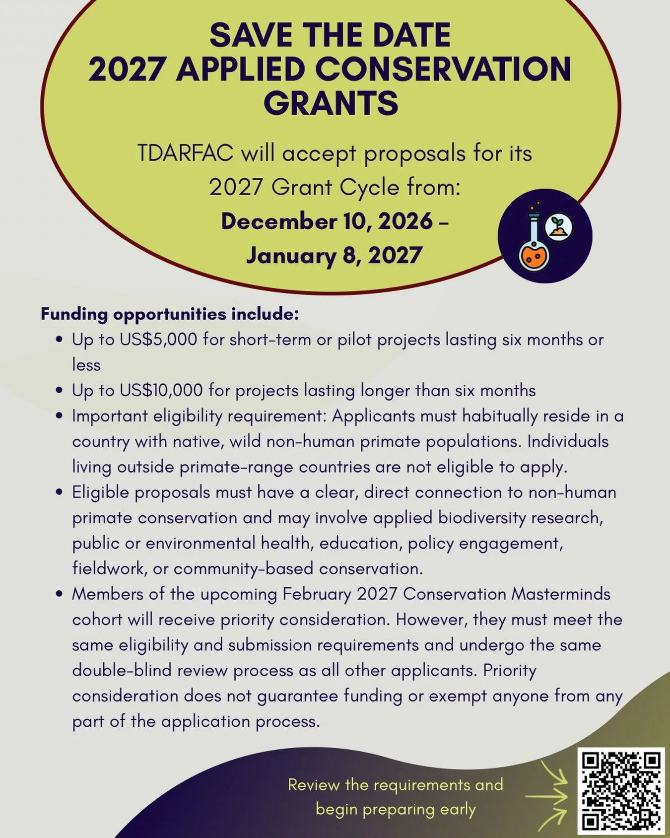 Save the date! TDARFAC&rsquo;s 2027 Applied Conservation Grant cycle will open December 10, 2026&ndash;January 8, 2027.

Grants of up to US$10,000 will support eligible, locally rooted projects with a direct connection to non-human primate conservati