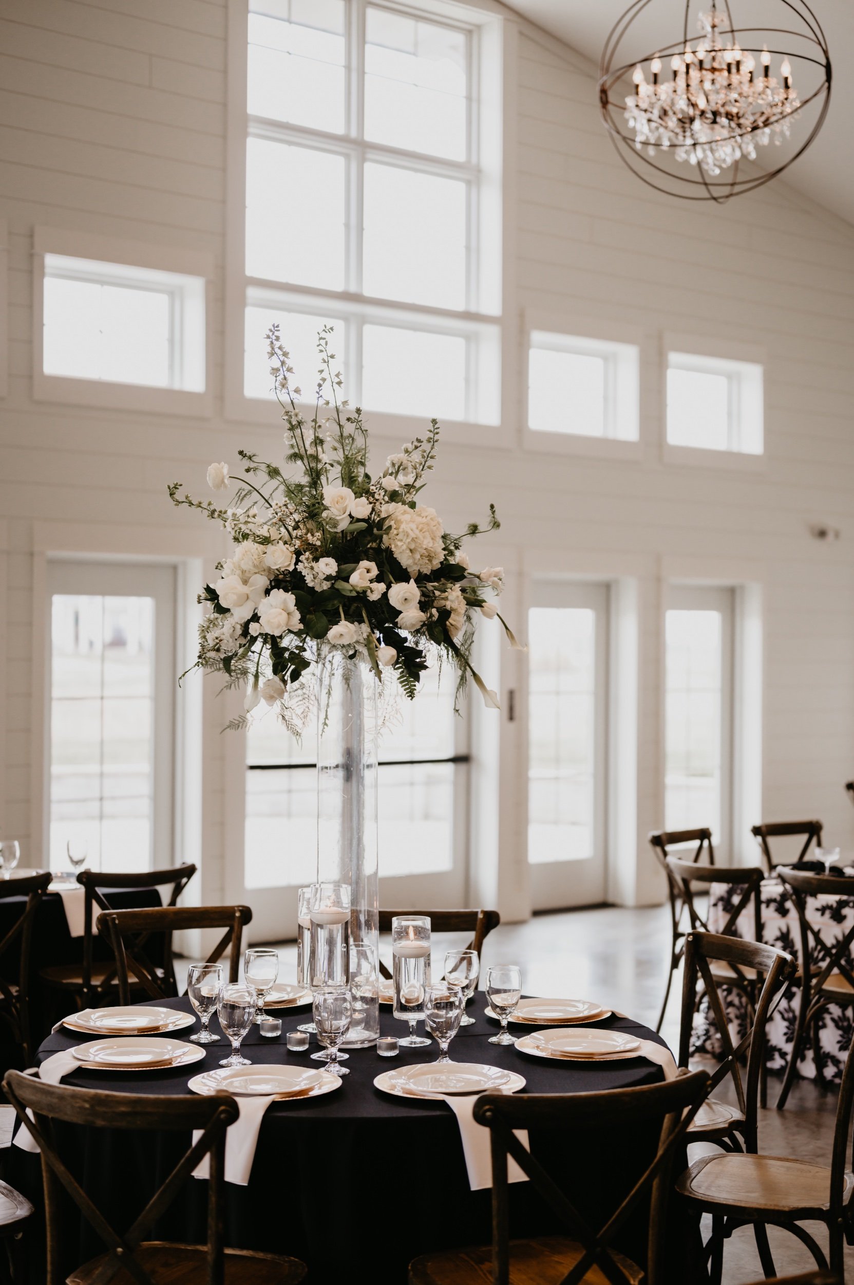Black and white details and tables at Crimson Lane Wedding Benue in Ada, OH