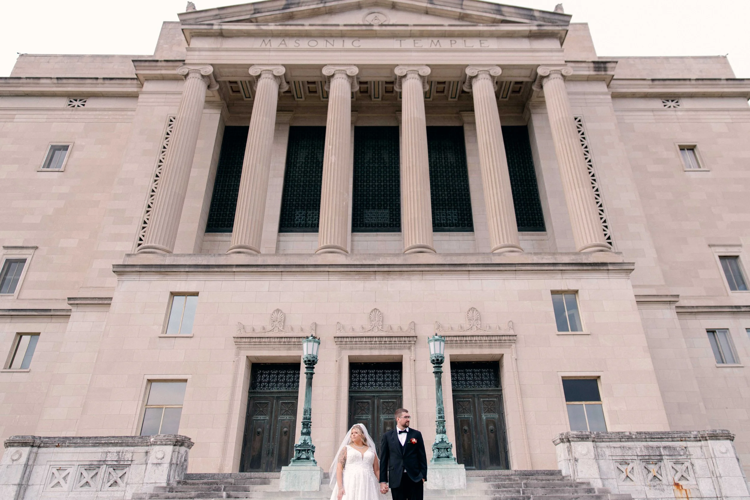 portrait of a bride and groom at their Dayton Masonic Center Wedding