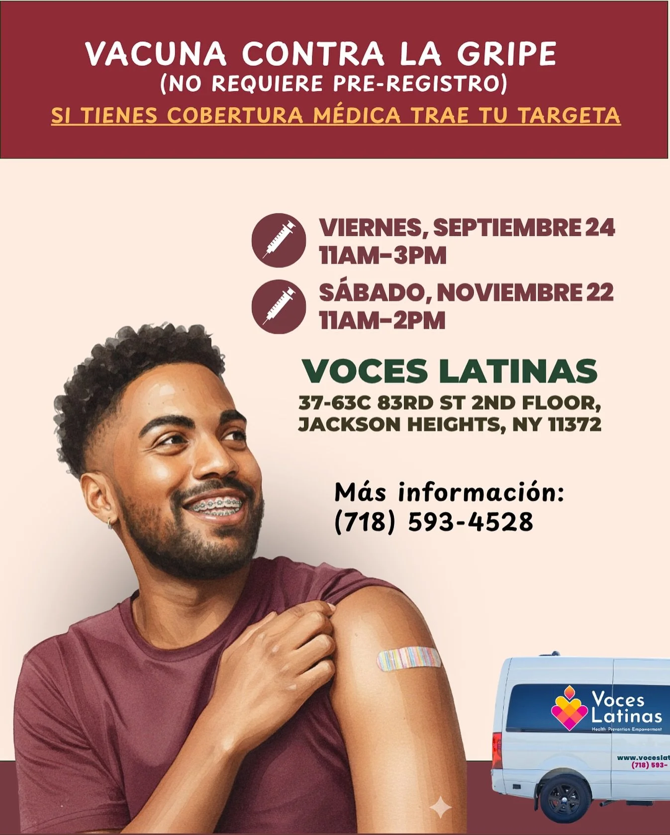 ¡Tu voz importa y tu salud también! β¨π£
Asegura tu protección esta temporada. Vacuna contra la gripe disponible en Voces Latinas en estas fechas. Nos vemos en Jackson Heights.