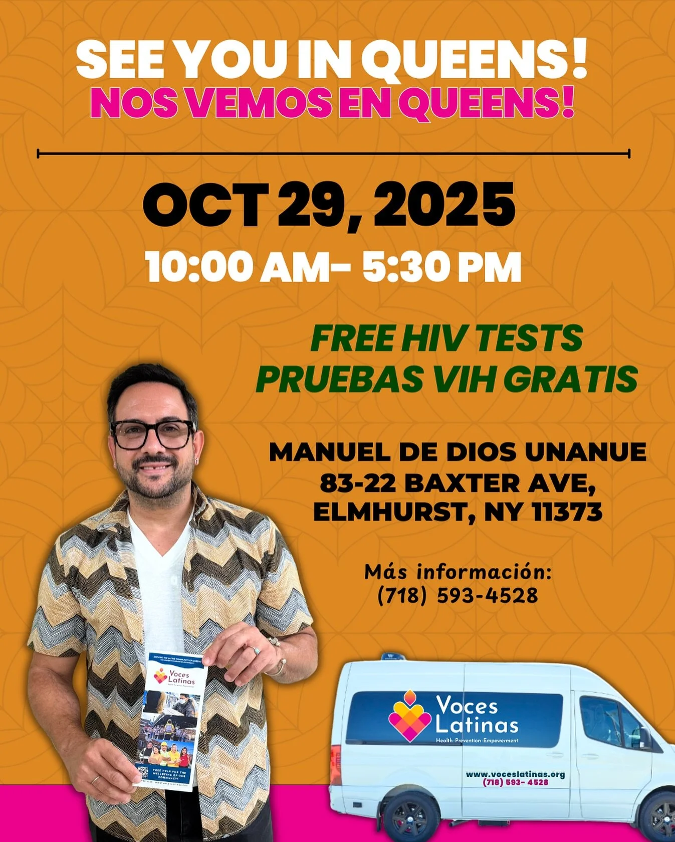 ¡EVENTO DE SALUD SXUAL Y BIENESTAR EN JACKSON HEIGHTS!
 
Únete a nuestro evento de alcance comunitario para acceder a servicios  de manera GRATUITA y CONFIDENCIAL.
 
 
Lo Que Ofrecemos:
-Pruebas de VIH y ETS GRATUITAS.
-Co