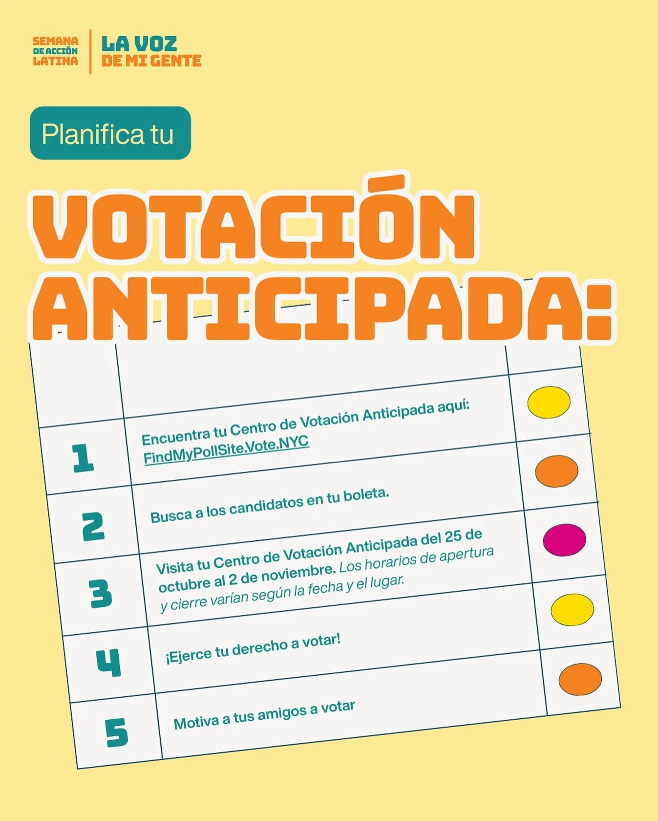 ¡Planificar tu Votación Anticipada es fácil! Asegúrate de consultar tu Centro de Votación Anticipada designado y su
horario de atención.
 
Votar por correo te permite votar desde la comodidad de tu casa y