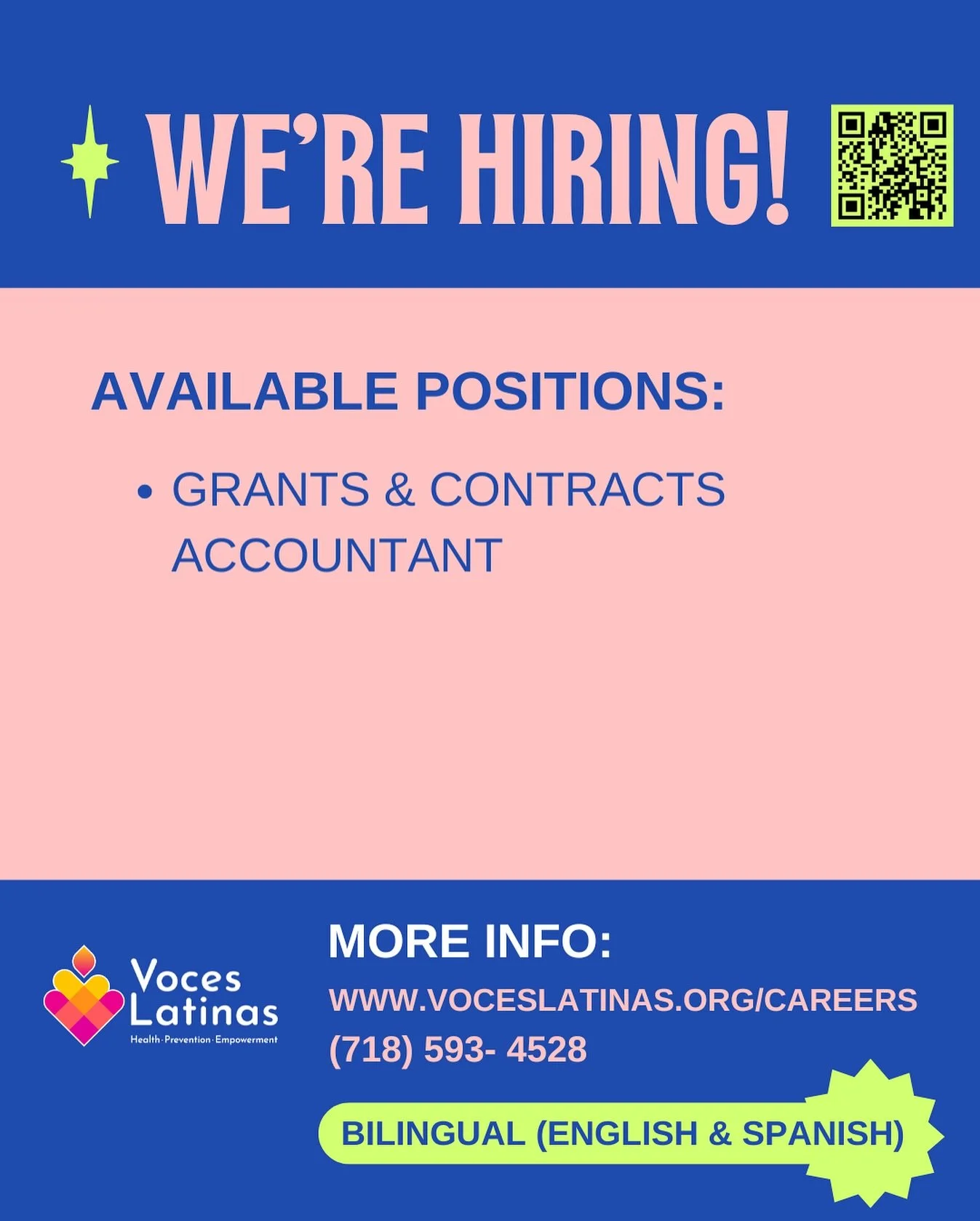 We are currently hiring: Grants & Contracts Accountant
 
https://www.voceslatinas.org/careers