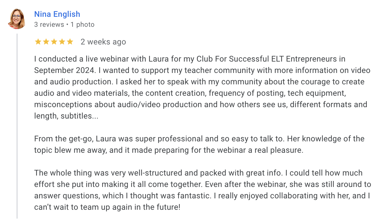 Screenshot of a customer review on a website for Nina English, showing her profile picture, review details, and a five-star rating. The review discusses a live webinar on audio/video production and content creation.