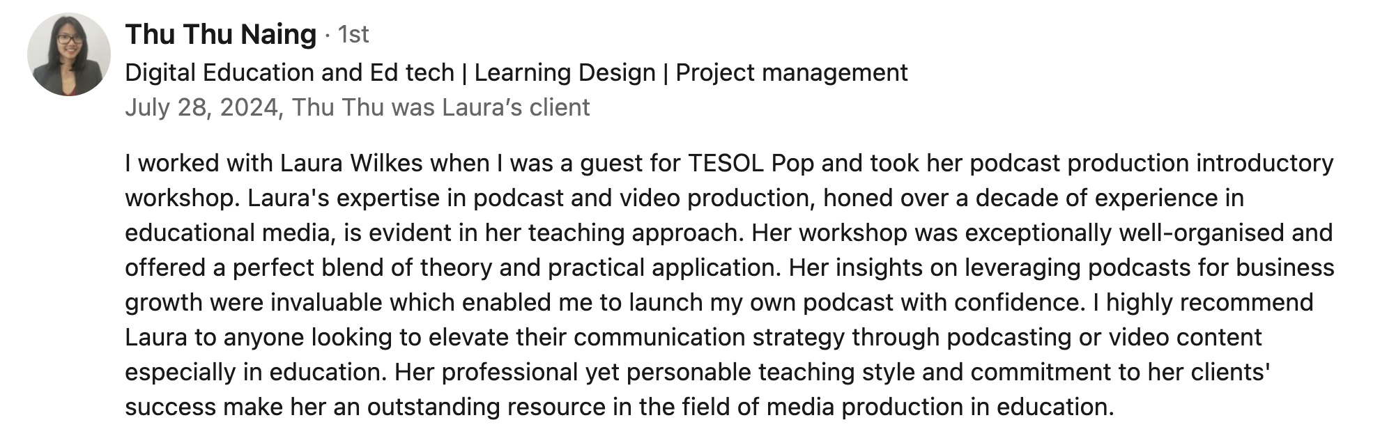 Image and text that displays a testimonial from client Thu who signed up for podcasting workshops.