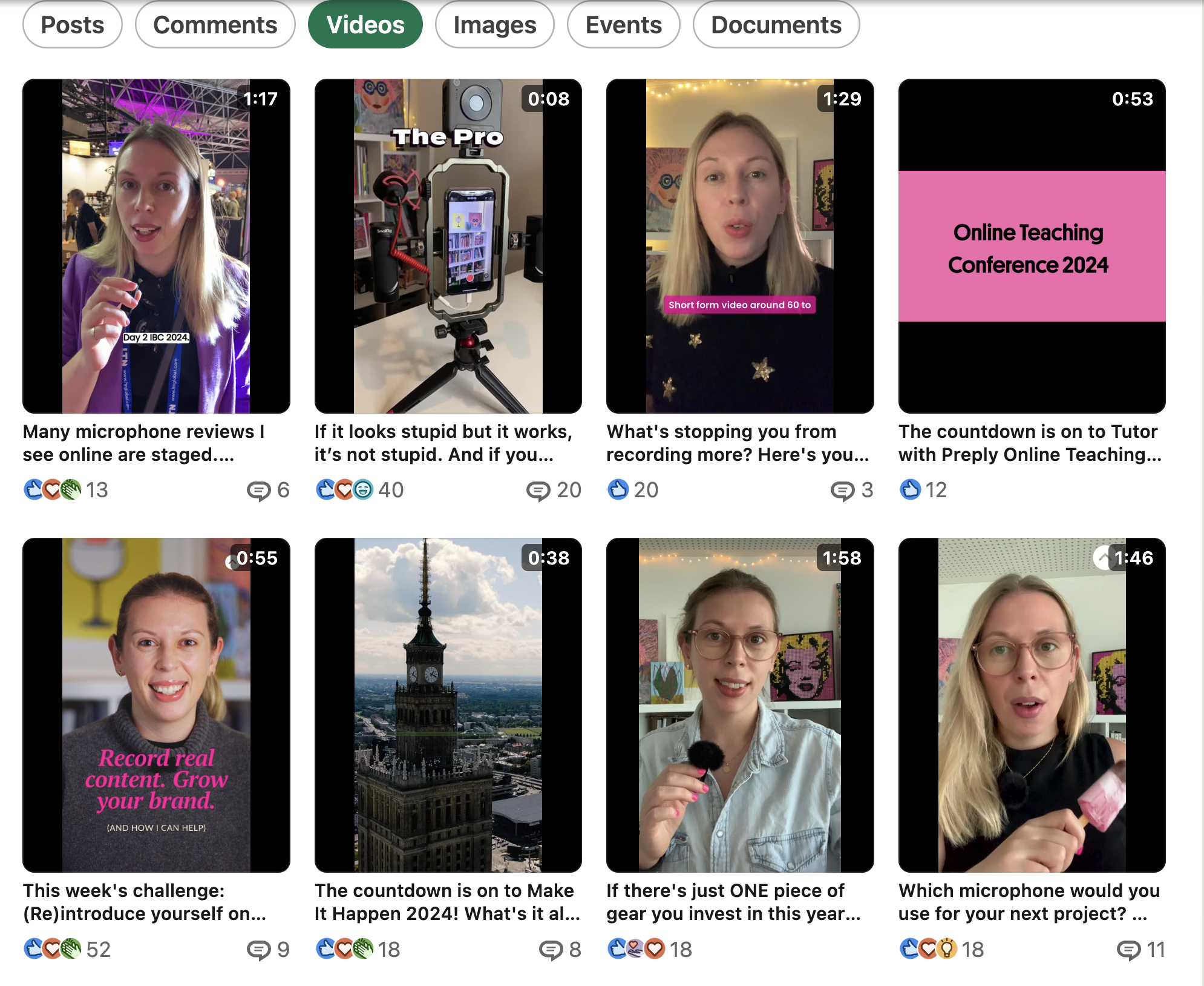 A selection of short form videos displayed on a LinkedIn video posts tab.