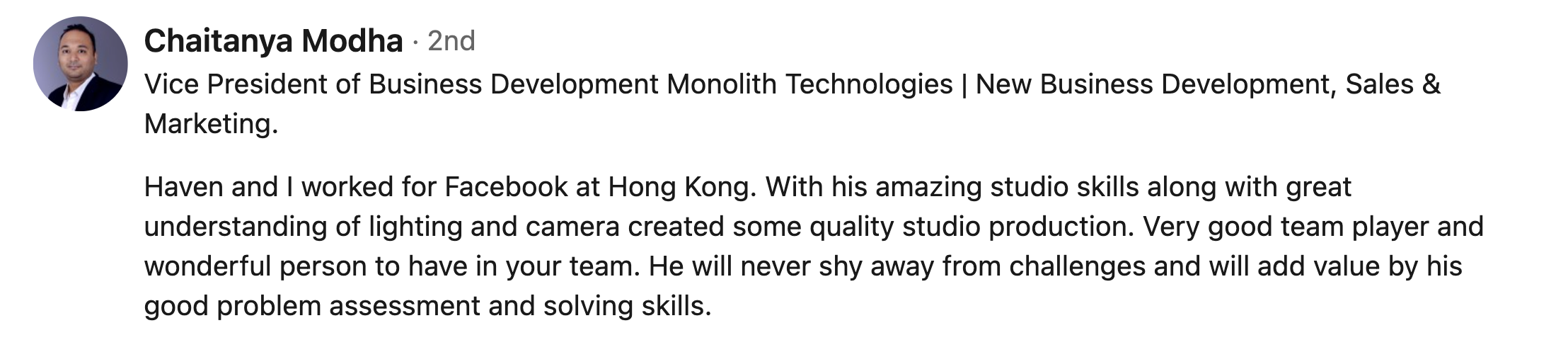 LinkedIn profile of Chaitanya Modha, Vice President of Business Development at Monolith Technologies, with a professional headshot and details about his work experience in media production and team skills.