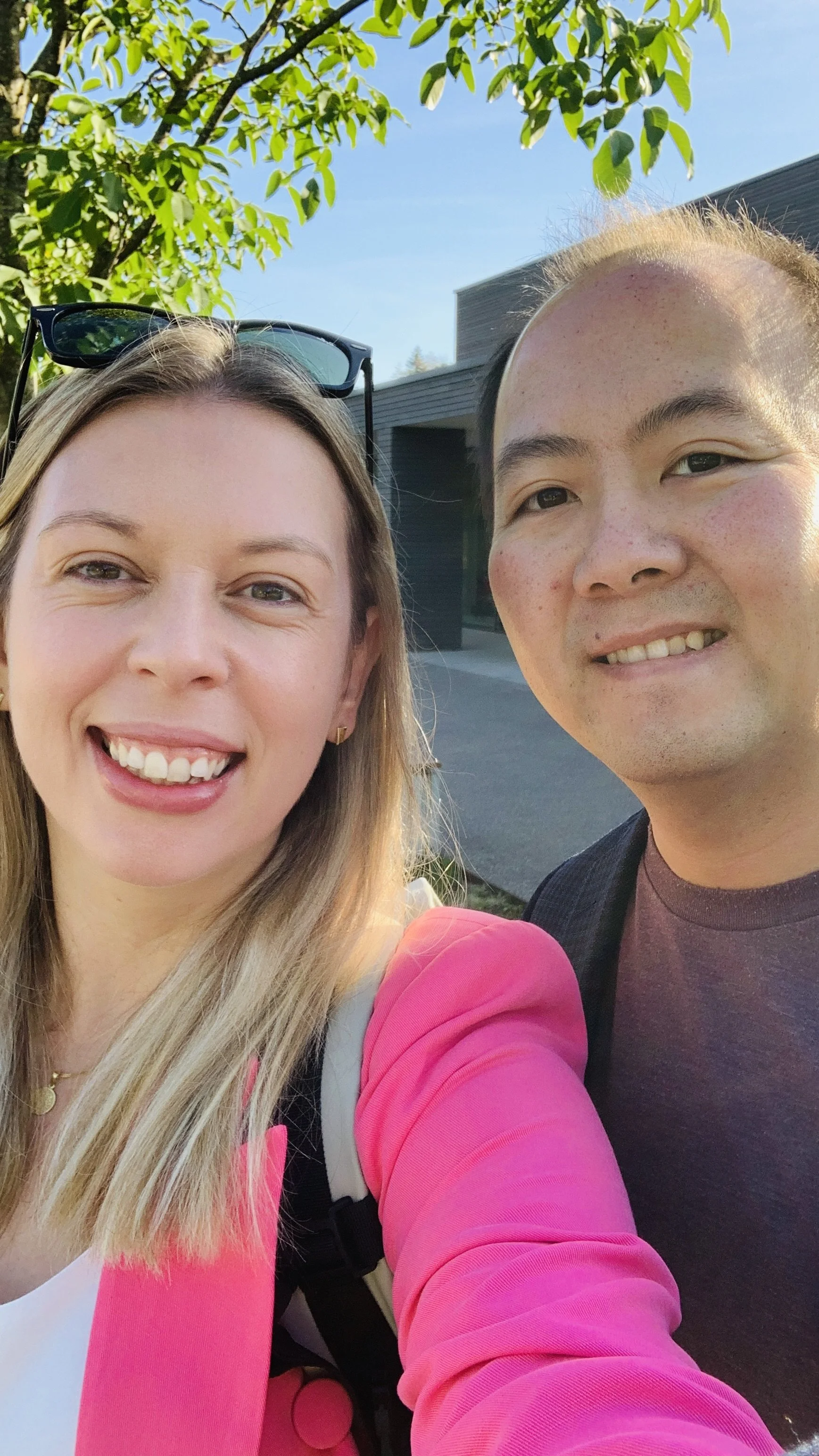 A selfie of Laura and Haven on a sunny day after a day of recording video podcasts.