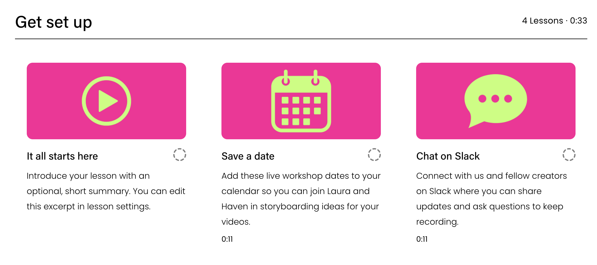 Screenshot of the bite-sized lessons for the Video Venturer programme.