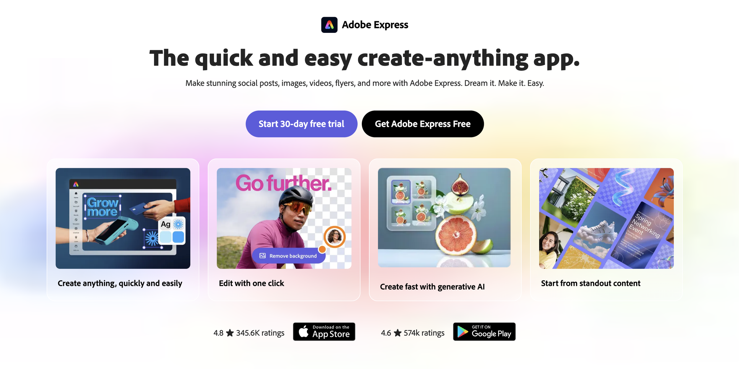 Screenshot of Adobe Express website homepage, displaying app features such as creating social media posts, editing images, and using generative AI tools, with options to start a free trial or download on app stores.