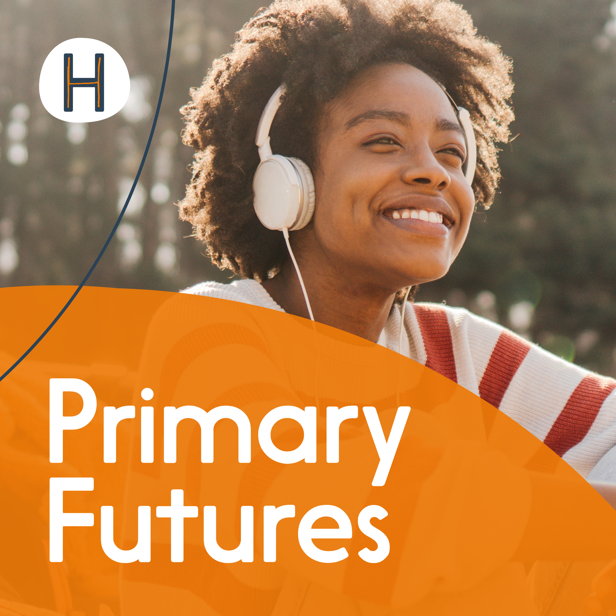 A woman with curly hair wearing headphones and a striped sweater, smiling outdoors during daytime, with the text 'Primary Futures' in front of her.