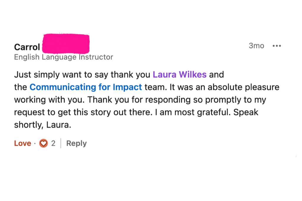 A comment from the creator of the Telling Stories podcast thanking Laura and the team for the fast turn around on the episode edit.