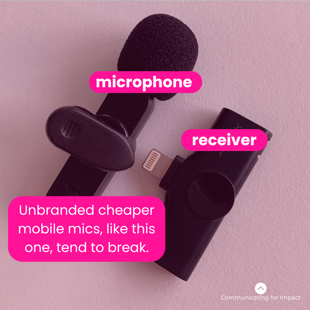 An overhead photo of a cheaper unbranded mobile microphone that only comes with a microphone and receiver. Unlike the Comica Vimo S, the microphone clip is a small attachment and the windshield is glued on.