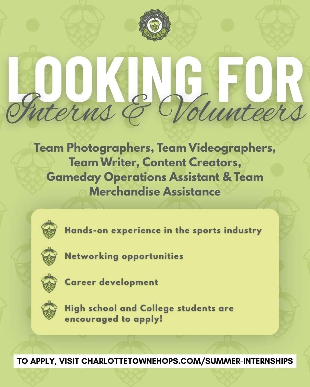 Your summer internship just found you. 🏆
@CharlottetowneHopsFC is hiring interns &amp; volunteers for the 2026 season &mdash; photographers, videographers, content creators, gameday staff &amp; more.
High school and college students: this one&rsquo;