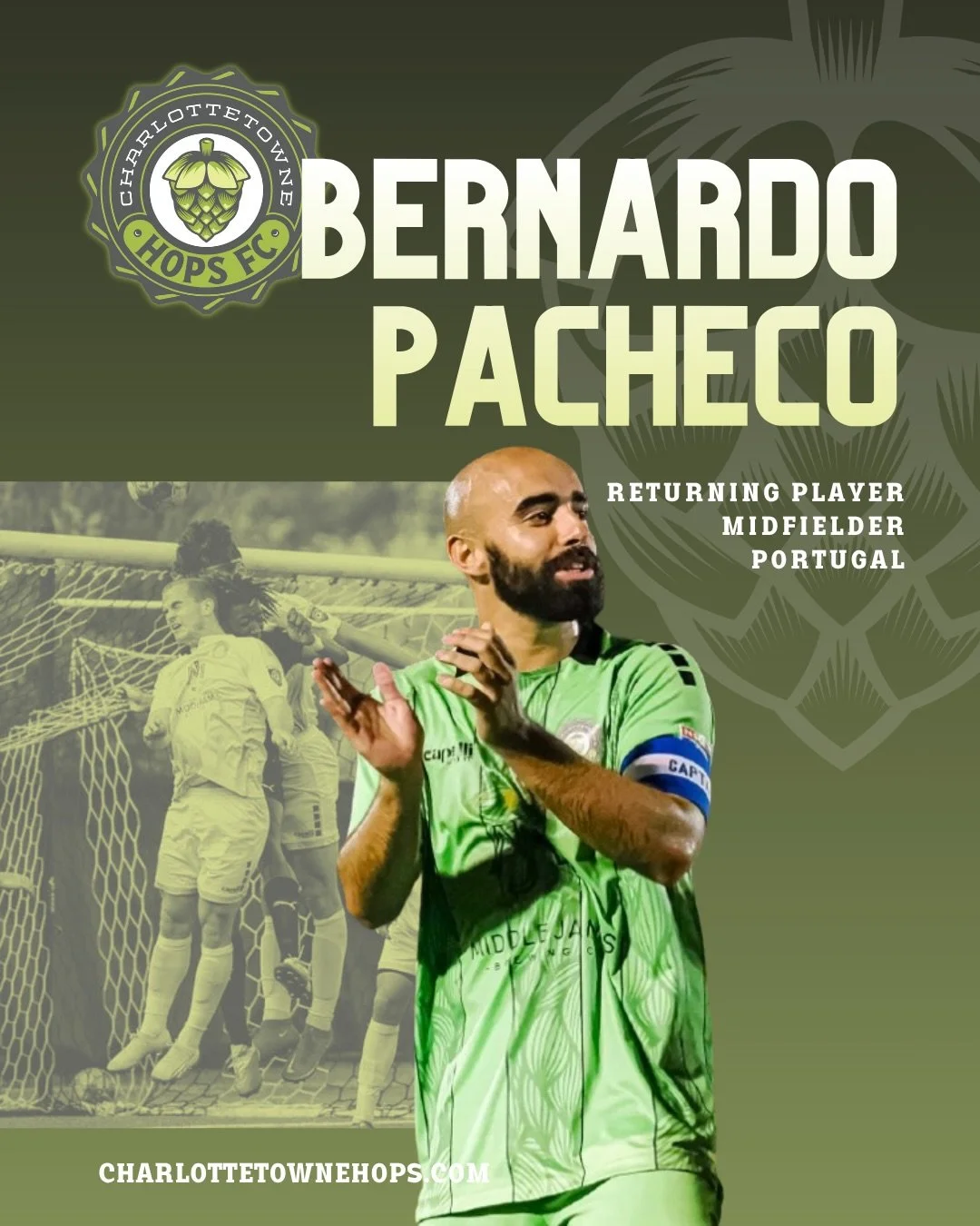 Second season, same vision ✨

Running the midfield with heart, control, and purpose.
Bernardo Pacheco is back with the Hops! 💚⚽️

#CharlottetowneHopsFC #SummerSoccer #Charlotte