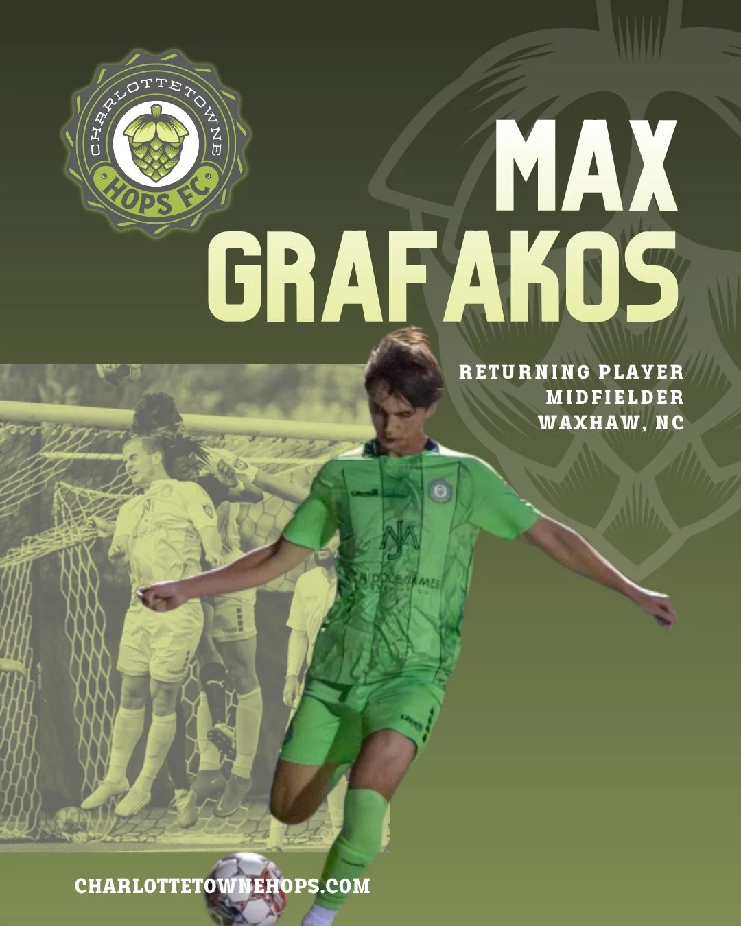 It&rsquo;s time to take over the middle again. Bigger engine, sharper mind! 🔥

Get ready to watch Max Grafakos run the game!⚽️

#CharlottetowneHopsFC #SummerSoccer #Charlotte