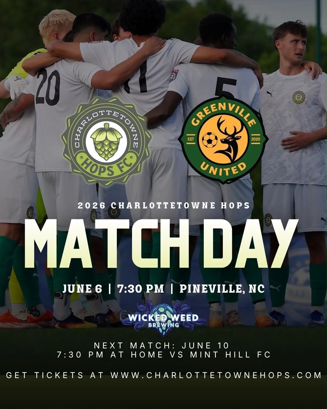 It's Matchday at Home! 💚🍻

Make sure you come out and support the Hops as we play Greenville!👊🏼

Make sure to use code "REVENGE" for 20% Discount on tickets 💪🏻

Link for the tickets in our Bio 🎟️

#CharlottetowneHopsFC #SummerSoccer 