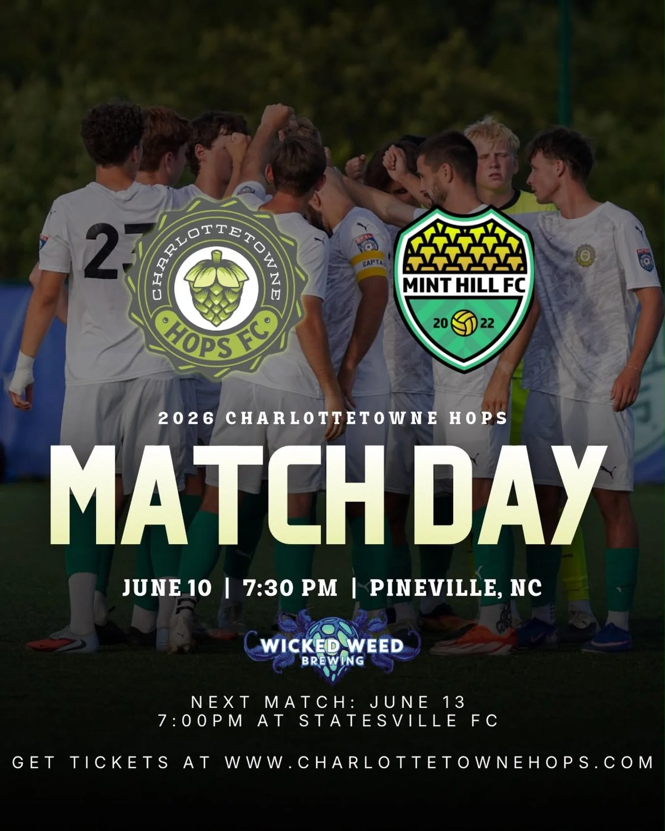 It&rsquo;s Matchday at Home! 💚🍻

Come support the Hops as we take on Mint Hill! 👊🏼

Get your tickets in the link in Bio! 🎟️

#CharlottetowneHopsFC #SummerSoccer #Charlotte