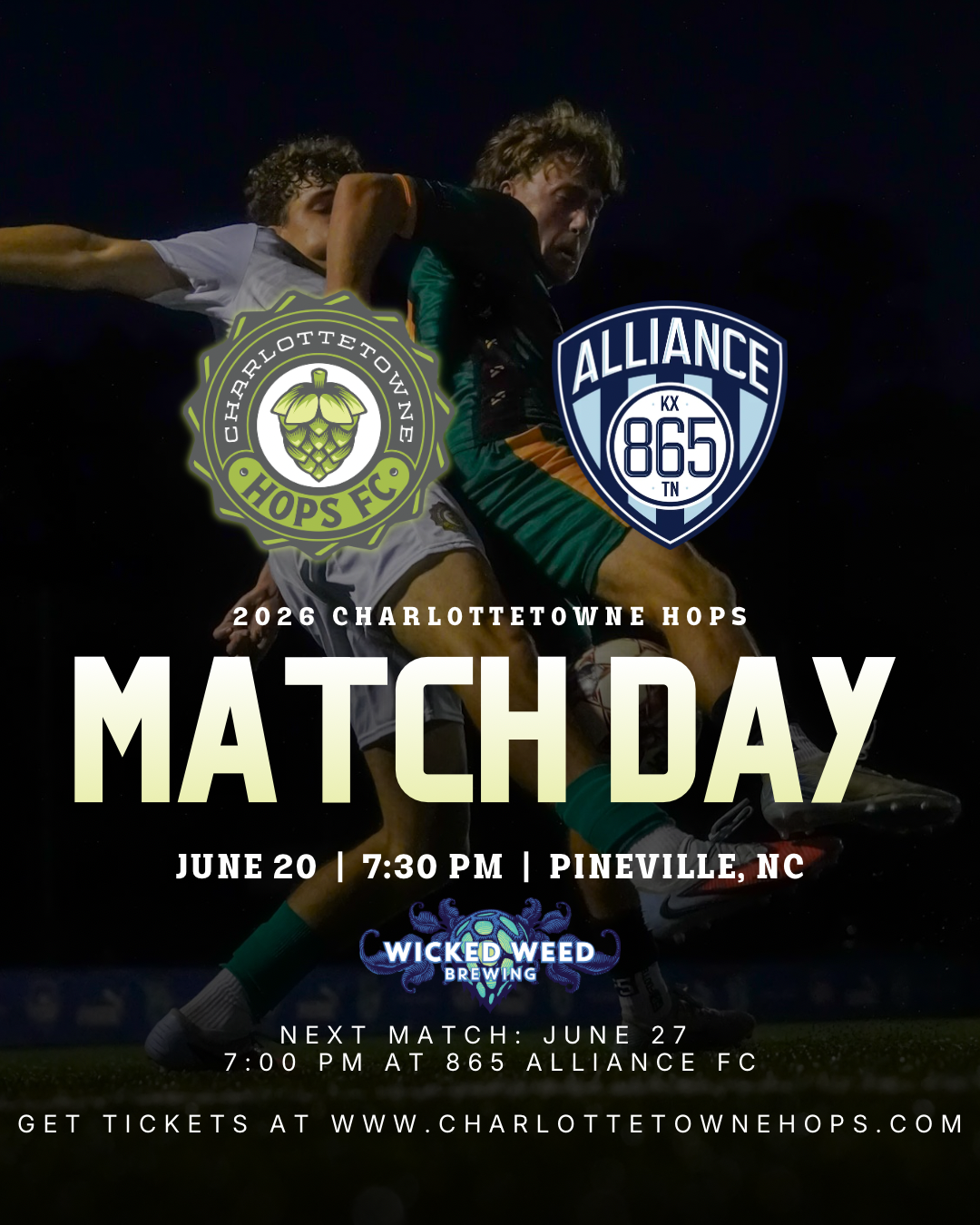 Poster for a soccer match between Charlotte Town Hops and 865 Alliance FC. Features two players in action at night, with logos of both teams and details about the match date, time, location, and tickets.