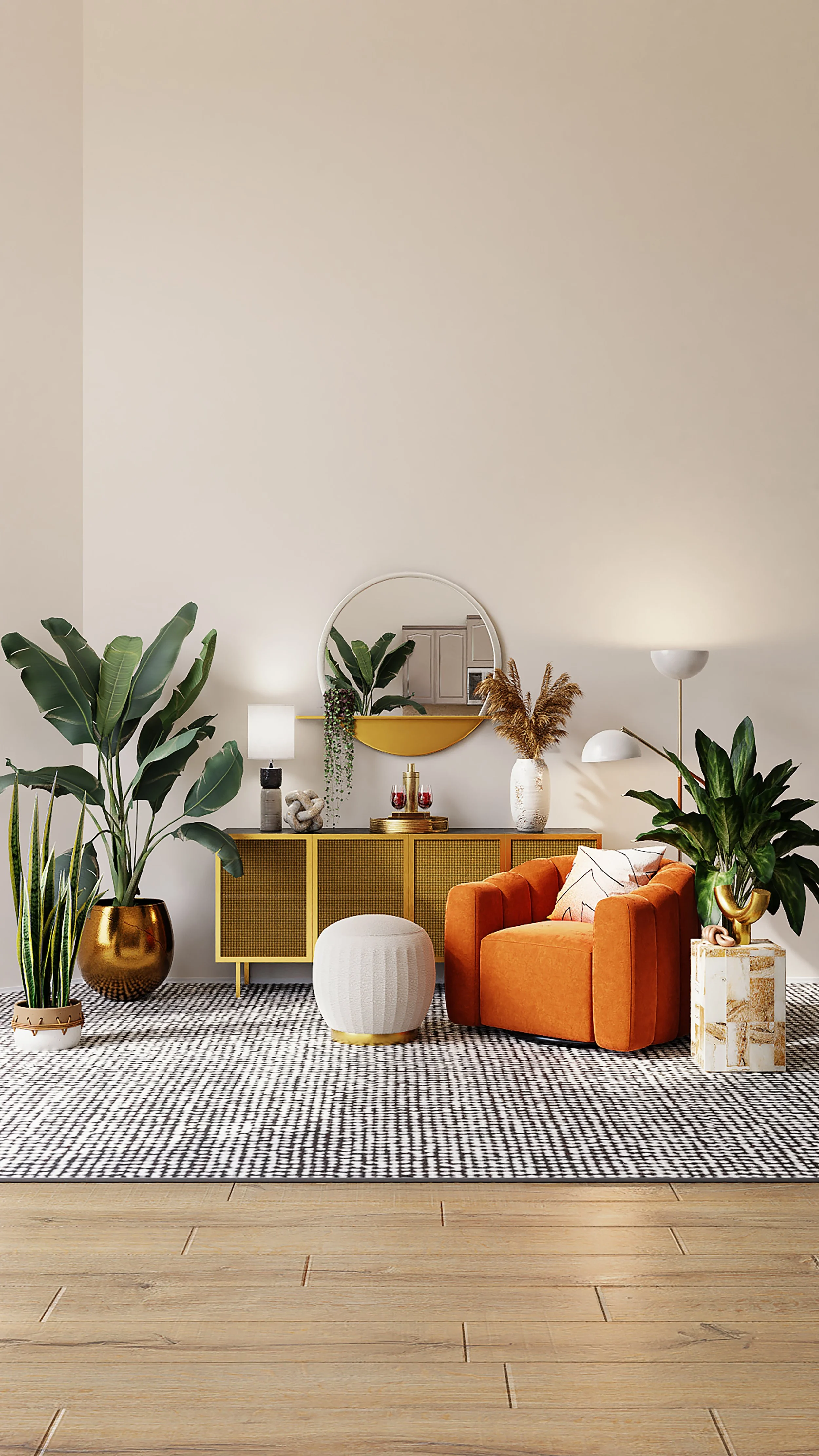 Living room interior with an orange armchair, white pouf, large green plants, a yellow sideboard, decorative items, a round wall mirror, and a black and white patterned rug.