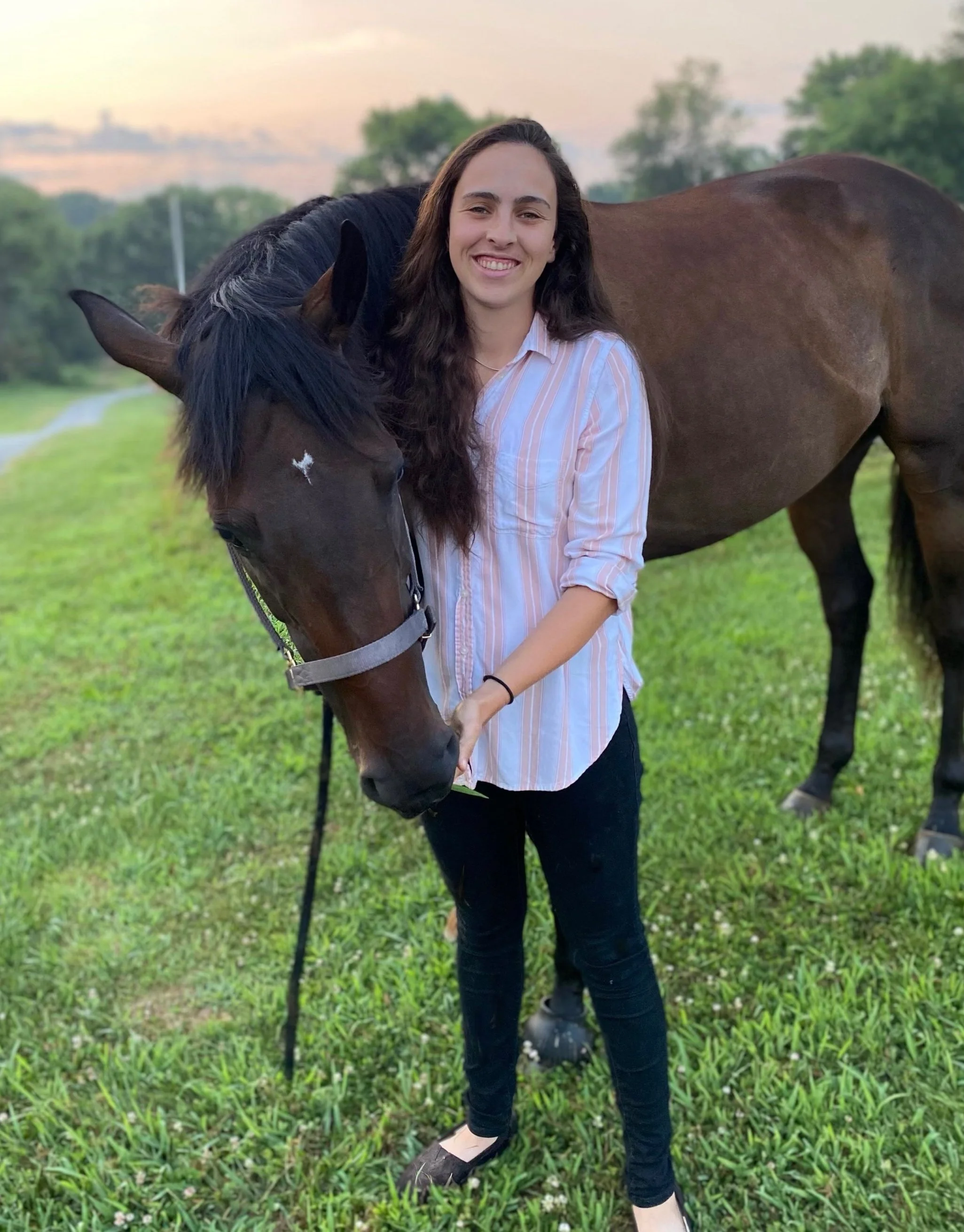 A young woman with long dark hair smiling and wearing a striped light-colored shirt and black pants, standing on green grass, embracing a brown horse with a black mane during sunset in a rural outdoor setting.