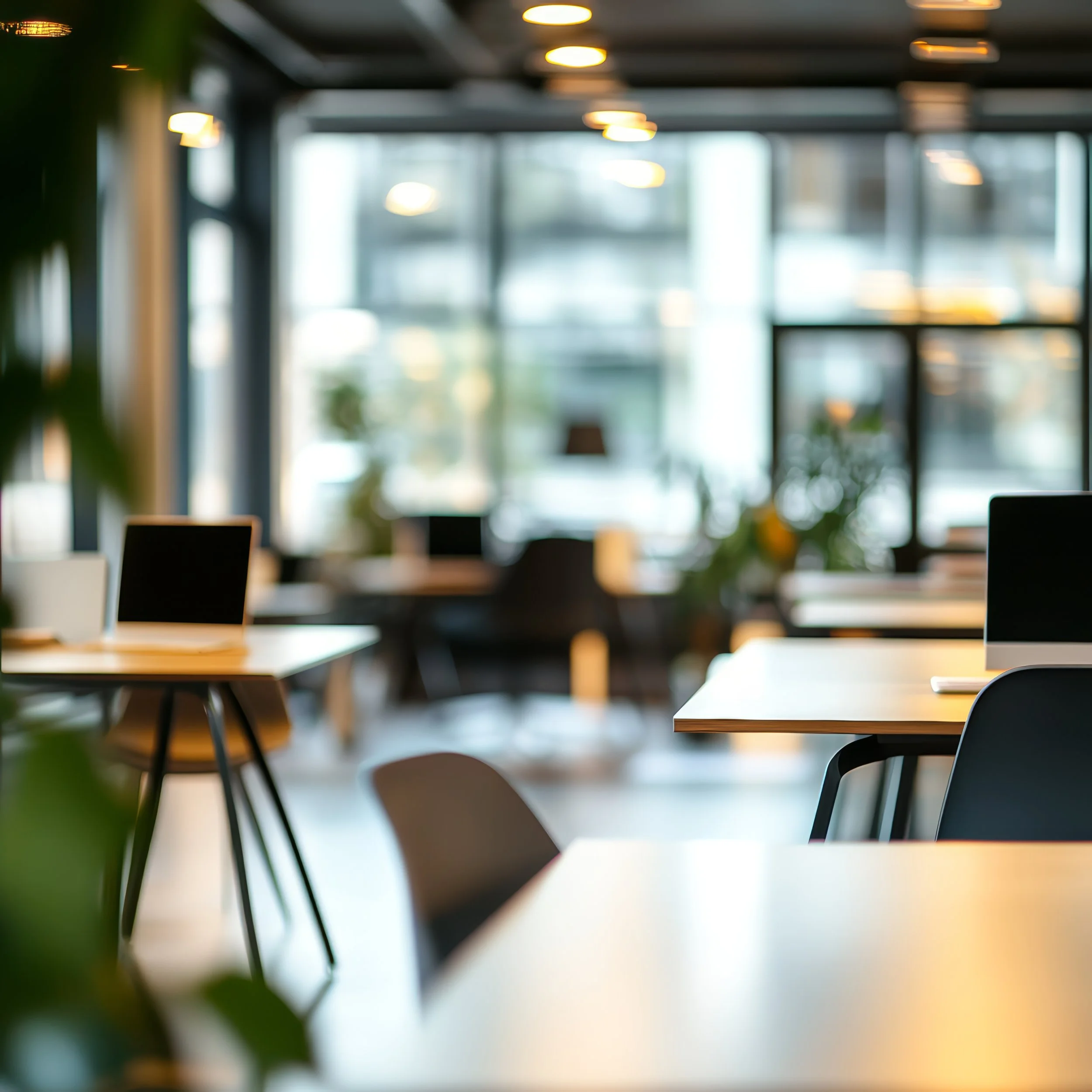 Empty modern office space with desks, chairs, and laptops, illuminated by natural light from large windows.