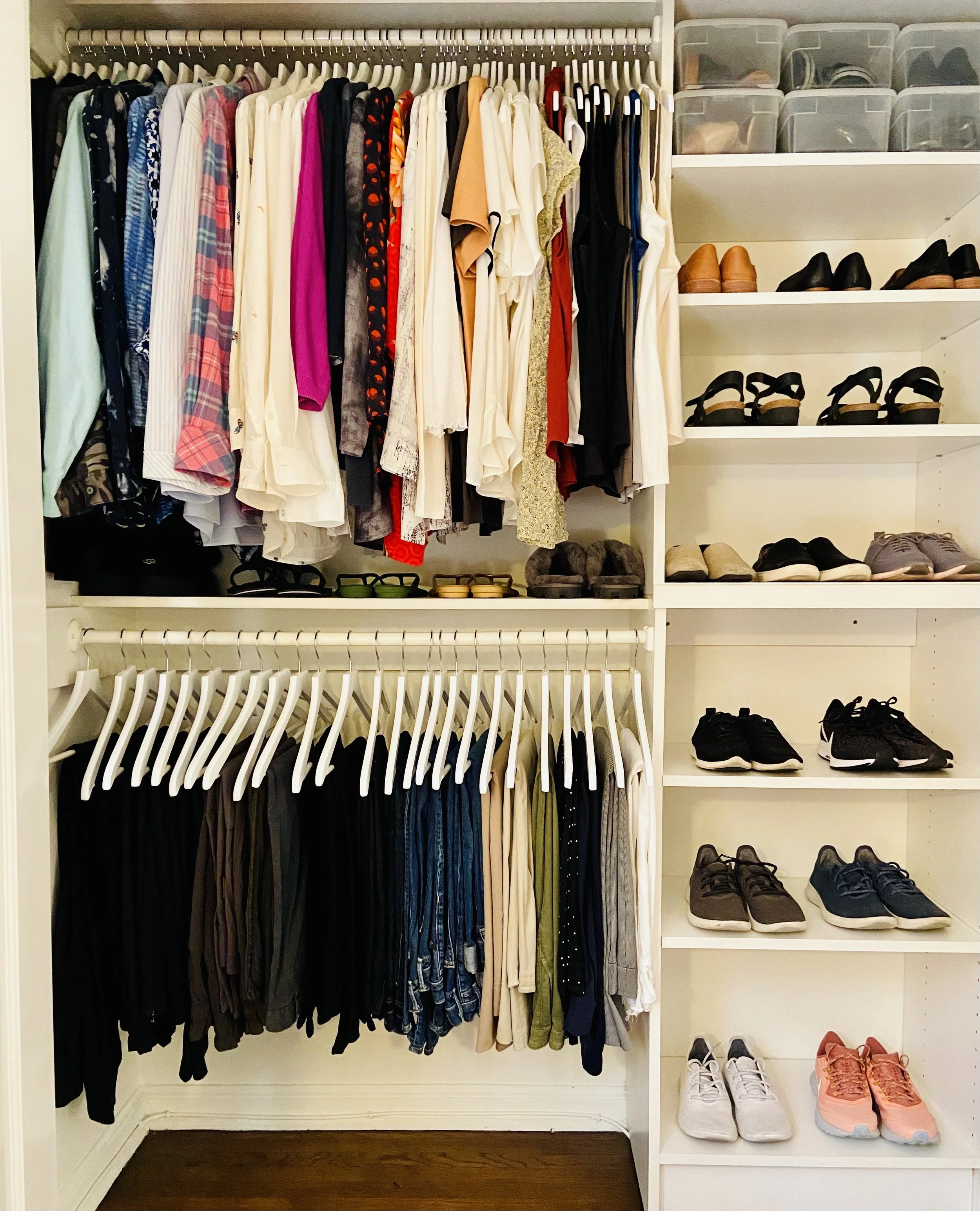 Organization in a closet can come in many forms from style to color. This helps easily find what item you need.