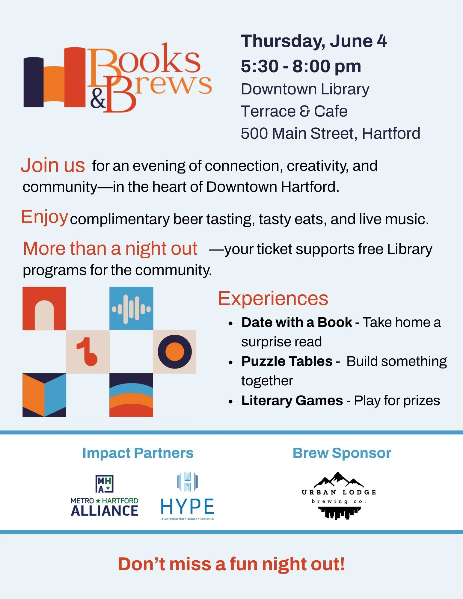 Join HYPE and the Hartford Public Library Downtown @hplct on June 4 from 5:30 to 8:00 p.m. for the third annual Books &amp; Brews event! 📚🍺

Celebrate the grand reopening of the downtown library with local brews from @urbanlodgebrewing, tasty eats,