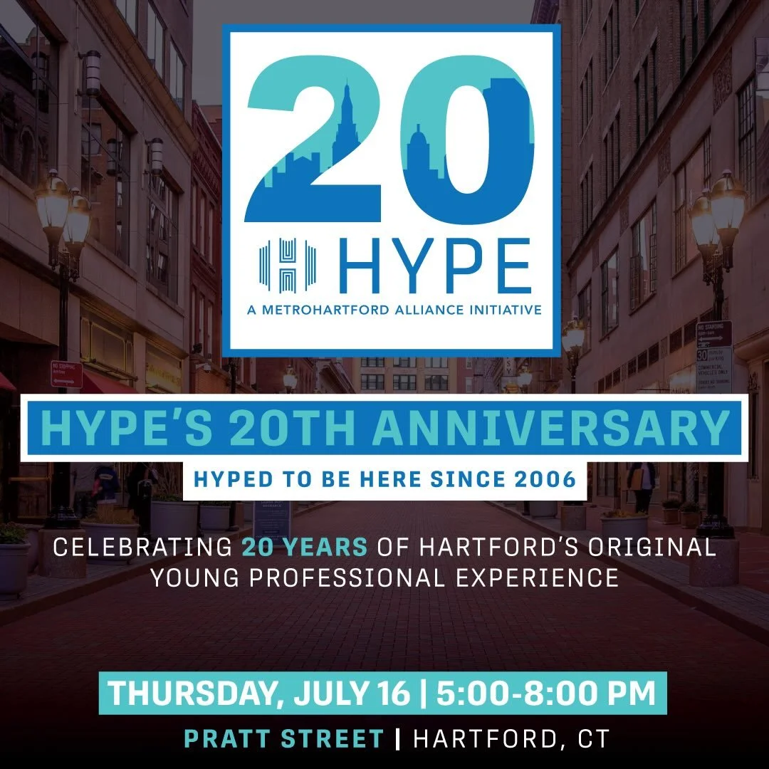 HYPE is turning 20 this year, and we&rsquo;re throwing a huge party to celebrate 🥳🎉 

Join us on @prattstreethartford on July 16 from 5:00 to 8:00 p.m. for an exciting evening of networking, music, food, and drinks - all included with your ticket. 