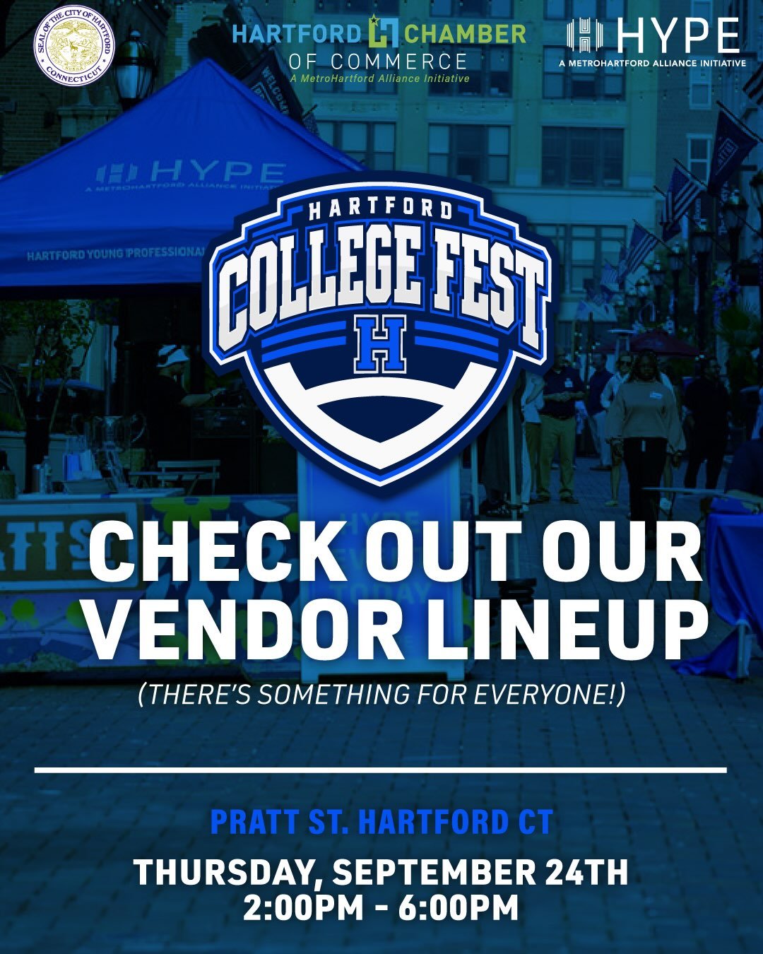 Check out the lineup of vendors you&rsquo;ll be seeing at Hartford College Fest next week 👀 

From our amazing vendors to entertainment, games, and plenty of restaurants to check out on Pratt Street (like @vaughanspub, @sunberryhartford, and @urbanl