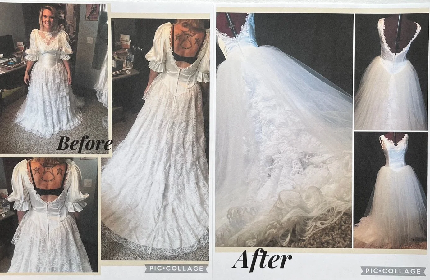 Before and After of an upcycled wedding dress by Designed by Kanya Marie