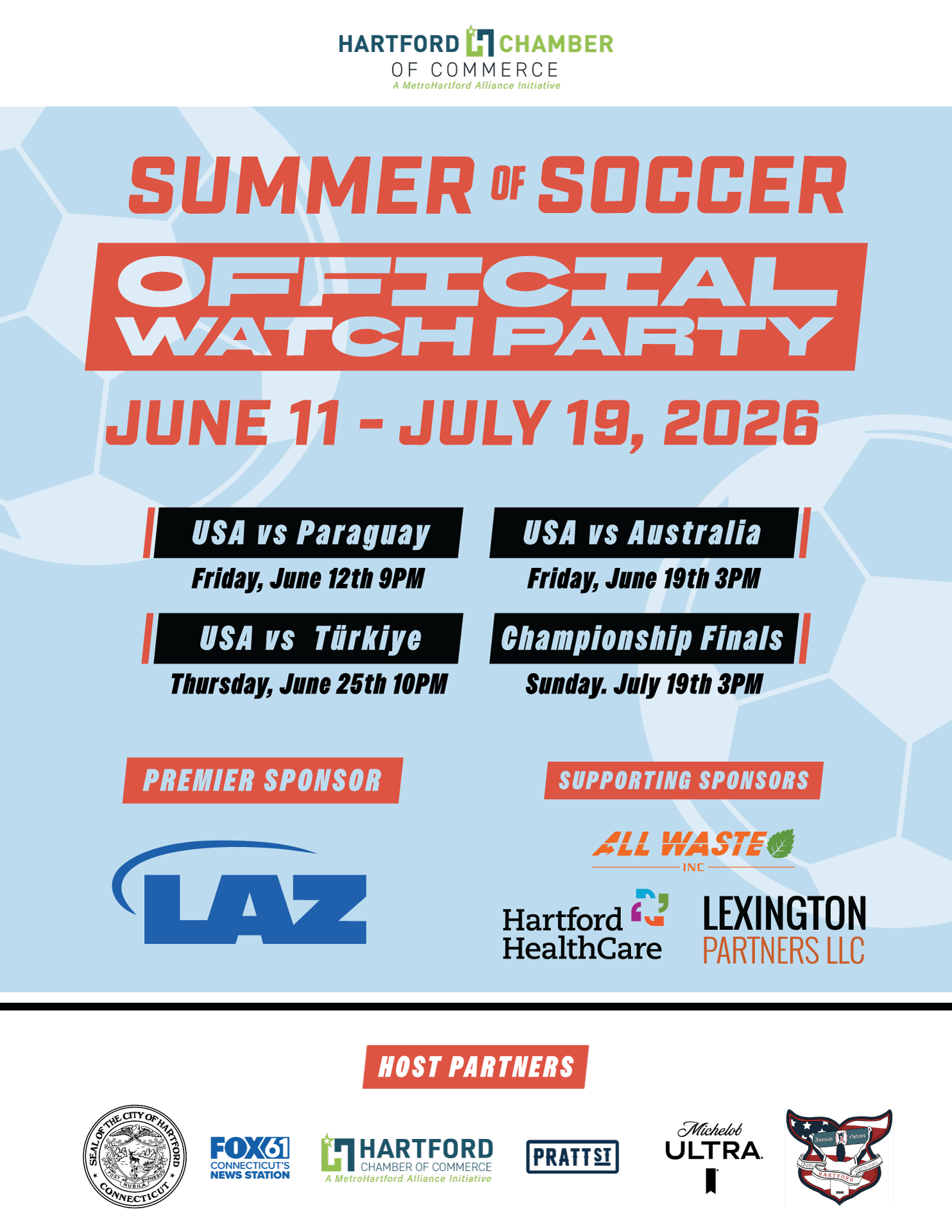 PRESS EVENT Pratt Street June 9 at 1:00PM: Hartford Chamber of Commerce and Partners Gear Up for Summer of Soccer&nbsp;Pratt Street Watch Parties