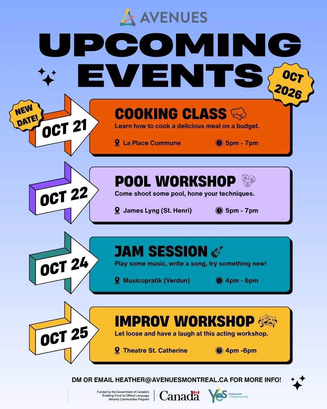 Coming up this week:

🥗 Cooking Class
🎱 Pool &amp; Pizza
🎸 Jam Session
🎭 Improv Workshop 

All are welcome, always free! Sign up links in bio 🔗