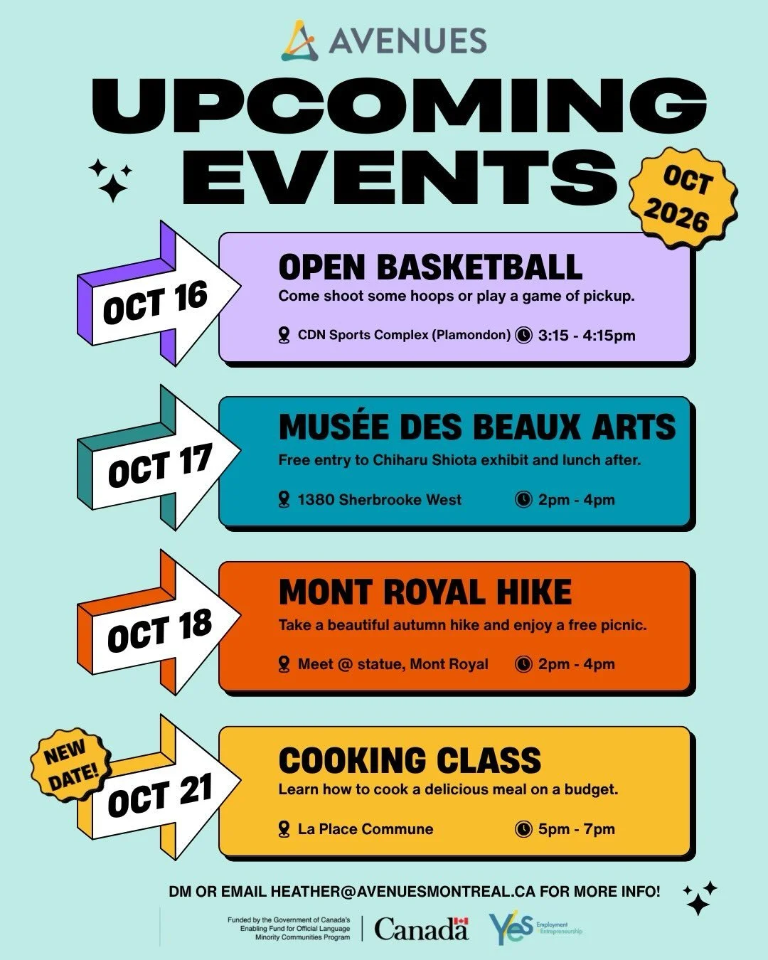 Coming up in the next 7 days: 

🏀 Basketball 
🎨 Museum of Fine Art 
🍁 Mont Royal Hike 
🥗 Cooking Class 

All are welcome, and everything is always free! Links in bio 🔗
