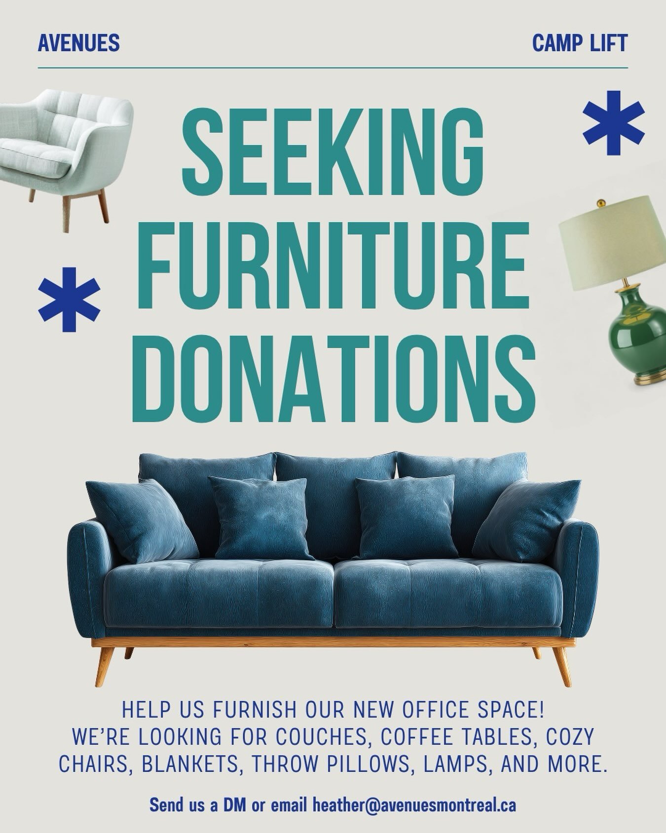 We&rsquo;re looking to spruce up our office space! If you have any comfy chairs, couches, lamps, rugs, or coffee tables you&rsquo;re looking to get rid of, we can take it off your hands 😌

Please share! 💟